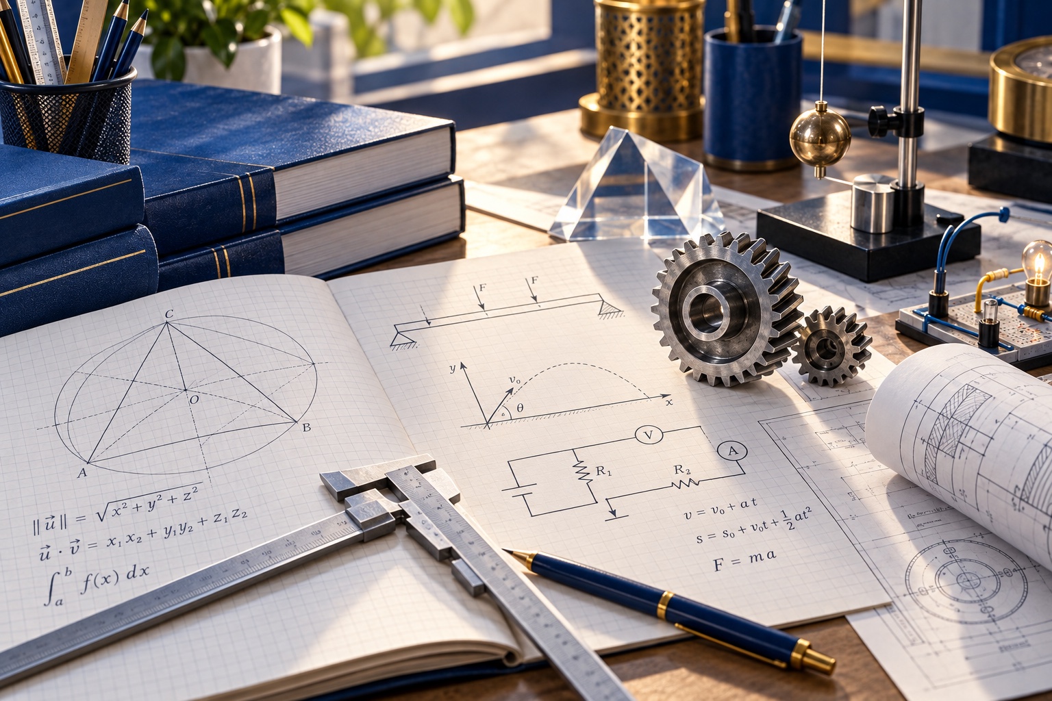 Illustration éditoriale associant mathématiques, physique et ingénierie